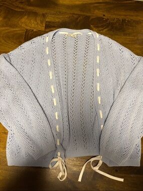 Hollister Light Blue Open-Front Lace-Knit Cardigan with Ribbon Ties